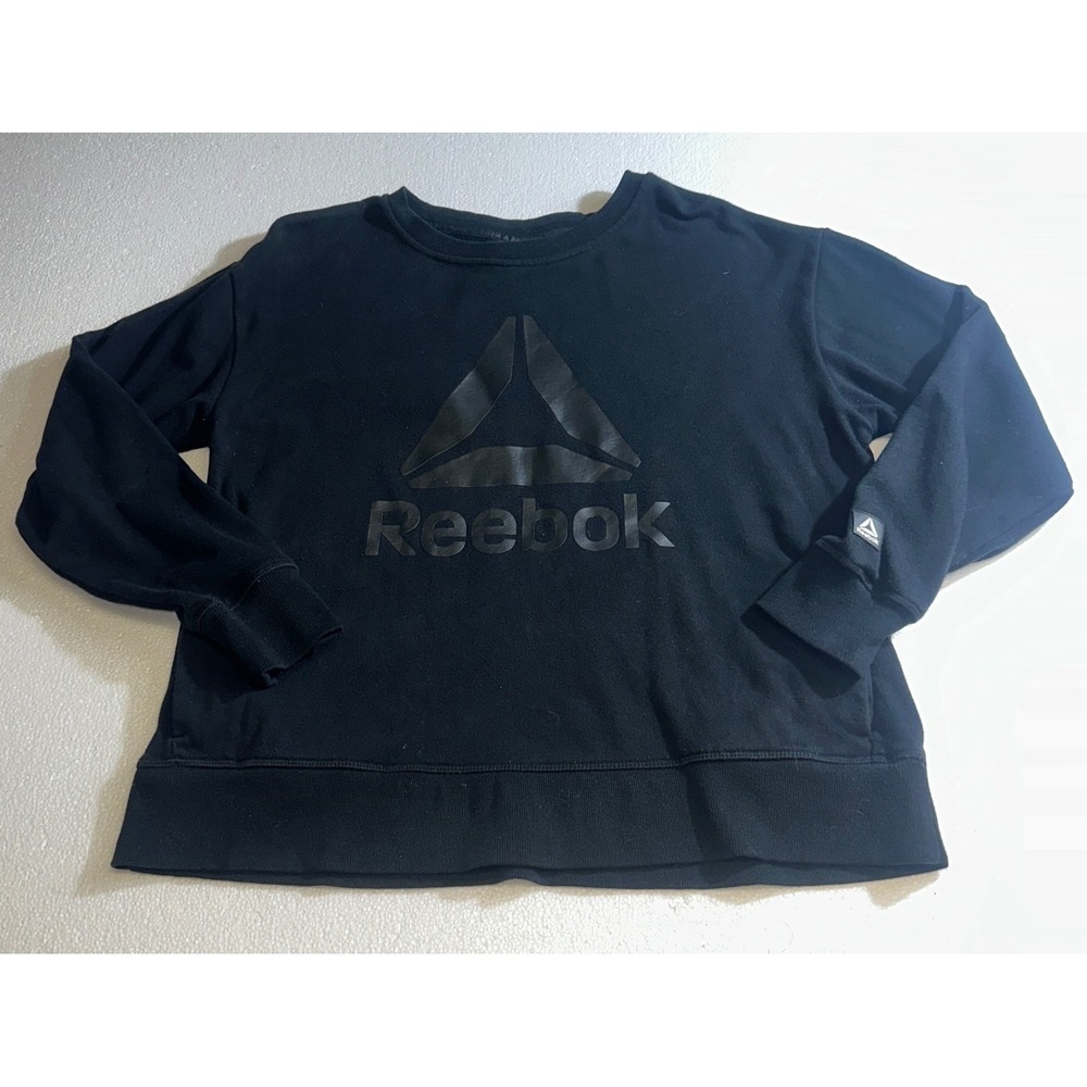Reebok Mens Black Graphic Logo Crew Neck Fleece Pullover Sweatshirt Size Large‎